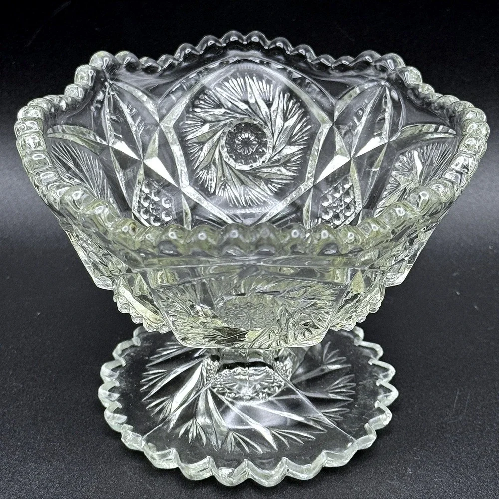 Vintage Imperial Glass Whirling Star Scallop Pressed Glass Pedestal Compote